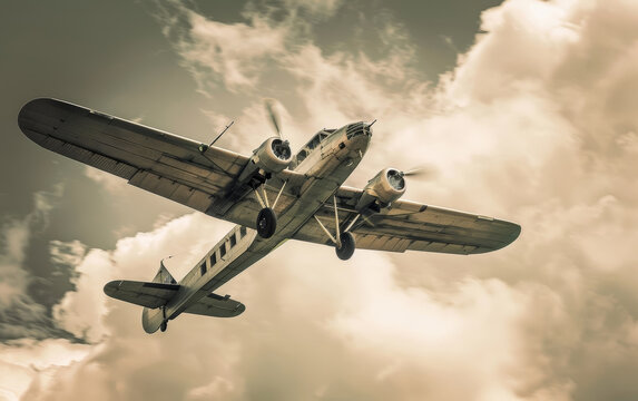 Sepia-toned image capturing a vintage dual-engine aircraft with star insignia ascending against a cloudy sky backdrop, evoking nostalgia.