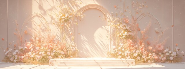 A white podium with floral and grass decoration, 3D rendering, beige background, soft lighting, product display platform. 