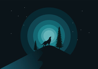 Wolf howling at night under the moonlight vector illustration