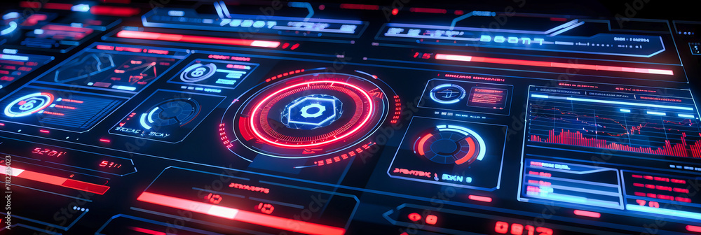 Poster futuristic digital interface and dashboard, advanced technology concept with blue circular data disp