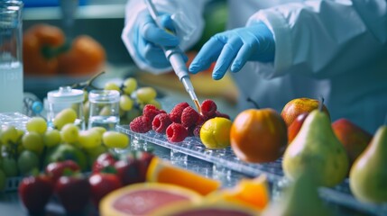 Scientist check chemical food residues in laboratory. Control experts inspect quality of fruits, vegetables. lab, hazards, ROHs, find prohibited substances, contaminate, Microscope, generate by AI - obrazy, fototapety, plakaty