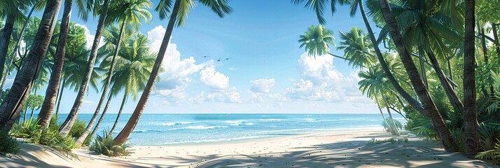A serene tropical escape  Summer palm trees sway gently over a pristine beach under a clear blue sky, embodying the ultimate vacation vibe - obrazy, fototapety, plakaty