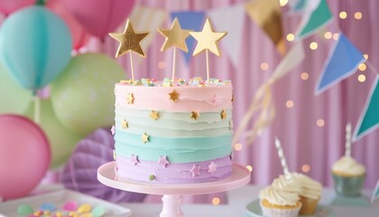 Pastel rainbow birthday cake adorned with celebration bunting and gold star toppers