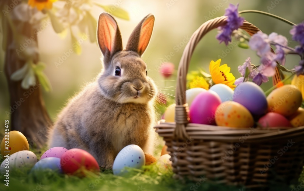 Wall mural Rabbit with Easter eggs in a sunny meadow - Wall murals