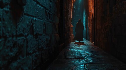 A mysterious figure in a long coat walking through a dimly lit alley, the glow of a distant streetlight casting long shadows, - obrazy, fototapety, plakaty