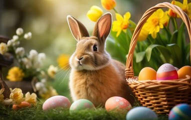 Fototapeta na wymiar Cute rabbit beside Easter eggs and spring blooms