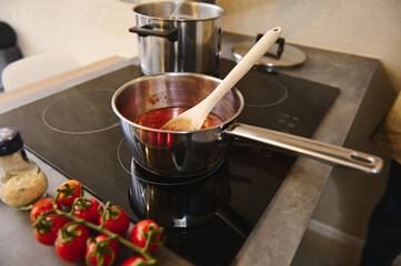 Tomato sauce passata, freshly boiled in stainless steel saucepan on induction stove, prepared from ripe organic eco-friendly tomato cherry - traditional sauce for Italian cuisine. Top view. Copy space