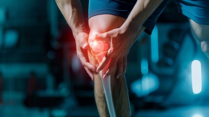 male athlete or spot male having knee injury due to ligament inflammation, man knee pain due to exercise, massage, muscle relaxation, rheumatoid arthritis, gait disturbance, rheumatoid arthritis - obrazy, fototapety, plakaty