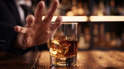 Fototapeta na wymiar man refuses say no and avoid to drink an alcohol whiskey , stopping hand sign male, alcoholism treatment, alcohol addiction, quit booze, Stop Drinking Alcohol. Refuse Glass liquor, unhealthy, reject