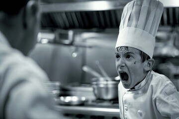 angry chef yelling at child in restaurant kitchen highlighting the highpressure and stressful environment candid photography - obrazy, fototapety, plakaty