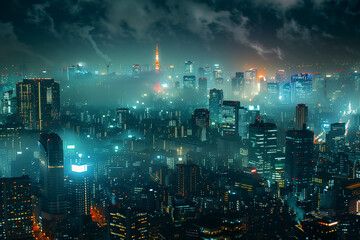 A panoramic view of a city skyline illuminated at night.Atmospheric cityscape with skyscrapers and...