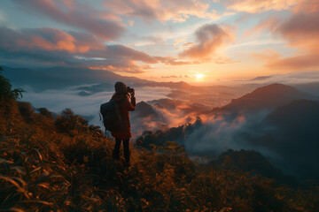 Fototapeta premium A traveler capturing the beauty of a majestic sunrise over a misty mountain range. Person on mountain capturing sunset with afterglow in natural landscape