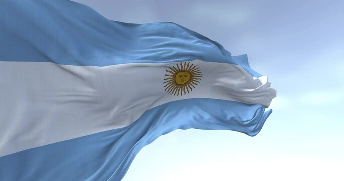 Close-up of Argentina national flag waving on a clear day