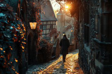 A traveler wandering through narrow alleyways of a historic medieval town. Man strolling on cobblestone road in citys dark streets - Powered by Adobe