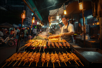 A traveler sampling exotic street food from a vibrant night market. Man preparing Suya and...