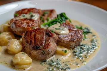 Pork medallions with blue cheese sauce and gnocchi