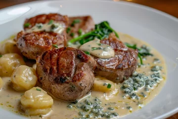 Fototapeten Pork medallions with blue cheese sauce and gnocchi © The Big L