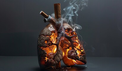 Naklejka premium Burning human lungs model with cigarette depicting health risks