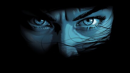 Intense blue eyes illustration on dark background - obrazy, fototapety, plakaty