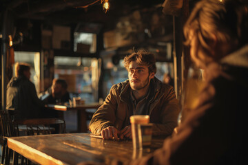 A traveler immersing themselves in the local language and learning conversational phrases from native speakers. Two men enjoying conversation at a wooden table in a dimly lit restaurant