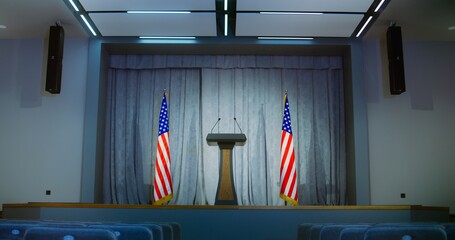 Speech tribune for minister, congressman or politician in the White House. Light press conference...