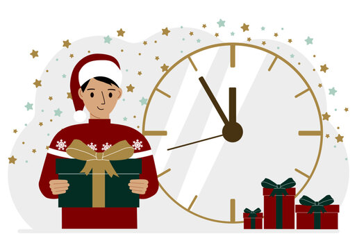 A man in a red sweater and a red cap with a large gift box. 5 minutes before Christmas or New Year. Vector flat illustration.