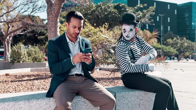 Businessmen, smartphone and irritated with street mime in downtown to search location or navigate New York. Entrepreneur, cellphone and typing to browse internet or online conversation in outdoor