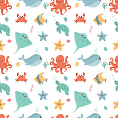 Fototapeta na wymiar Marine animals seamless pattern. Trendy pattern of marine animals for wrapping paper, wallpaper, stickers, notebook cover.