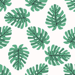 Fototapeta na wymiar Seamless vector tropical design with monstera palm leaves on white background. Exotic Hawaiian fabric design.