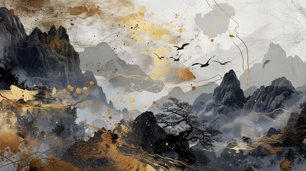 Majestic mountain landscape with golden accents and flying birds