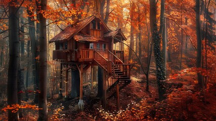 Fototapeta premium Enchanted autumn forest treehouse amidst vibrant foliage