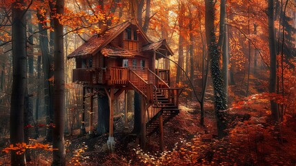 Enchanted autumn forest treehouse amidst vibrant foliage