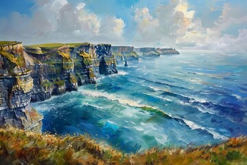 breathtaking cliffs of moher seascape majestic oil painting - obrazy, fototapety, plakaty