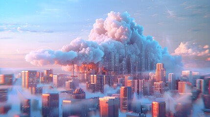 Digital Metropolis Embraced by Floating Cloud - A Futuristic 3D Rendered Cityscape Symbolizing Modern Urban Life and Technology