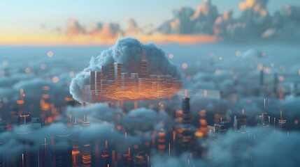 Futuristic Digital Cityscape with Hovering Cloud Metaphor for Cloud Storage and Modern Urban Life