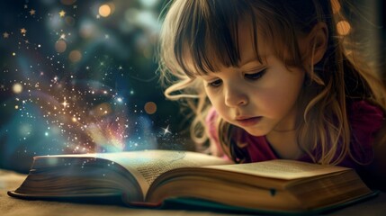 Little Girl Reading Book on Floor