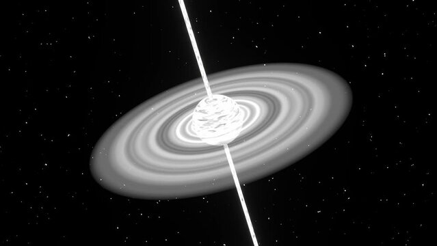 pulsar neutron star rotation 3d animation loop. Can be used to represent a gravity singularity, an intense magnetic field, electromagnetic radiation star or universe period precise clocks