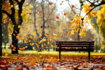 colorful autumn leaves falling in a park with trees and a bench seasonal concept photo - obrazy, fototapety, plakaty