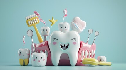 Whimsical Dental Cleaning Procedure Party with Playful Dental Tools and Equipment - obrazy, fototapety, plakaty