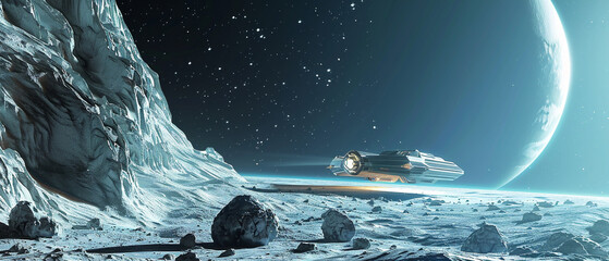 Sleek spaceship traverses frozen moon landscape, searching for new discoveries in the depths of...