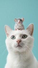 White cat with blue eyes with a mouse on its head. Minimalistic studio photo on a light blue background.