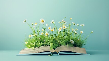 An open book on the floor with grass and field flowers growing out of it.  Minimalistic studio composition, Reading is beautiful and magical.