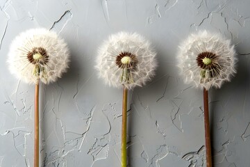 Serene Trio of Dandelions Against White. Concept Serene Nature, Dandelion Trio, White Background, Minimalist, Botanical Beauty