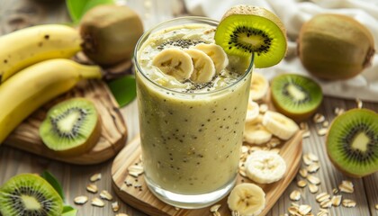 Protein rich banana smoothie with kiwi oats on a wooden table Healthy food idea