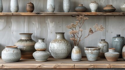 Fototapeta na wymiar Artful display of intricate Japanese pottery against a backdrop of minimalist decor