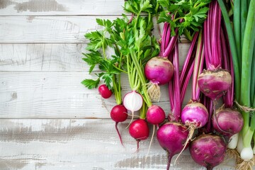Purple and green vegetables and roots arranged on a white wooden table Variety includes beetroot onion radish asparagus tomatoes parsnip parsley for a healthy sa - obrazy, fototapety, plakaty