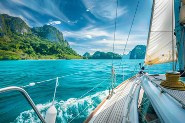 A sailboat cruises on azure waters near lush green cliffs under a dynamic blue sky.
