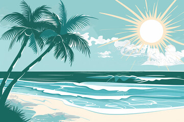 Fototapeta na wymiar Stylized artwork of a beach with palm trees, sunbeams, and waves in a cool color palette.