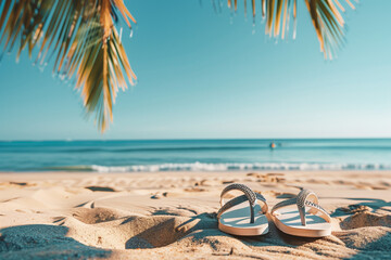 Flip-flops on sandy beach with palm leaf overhead and a blurred ocean background.