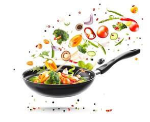 A symphony of freshness: vibrant vegetables floating in the air around a sizzling frying pan, capturing the essence of a nutritious and delicious meal